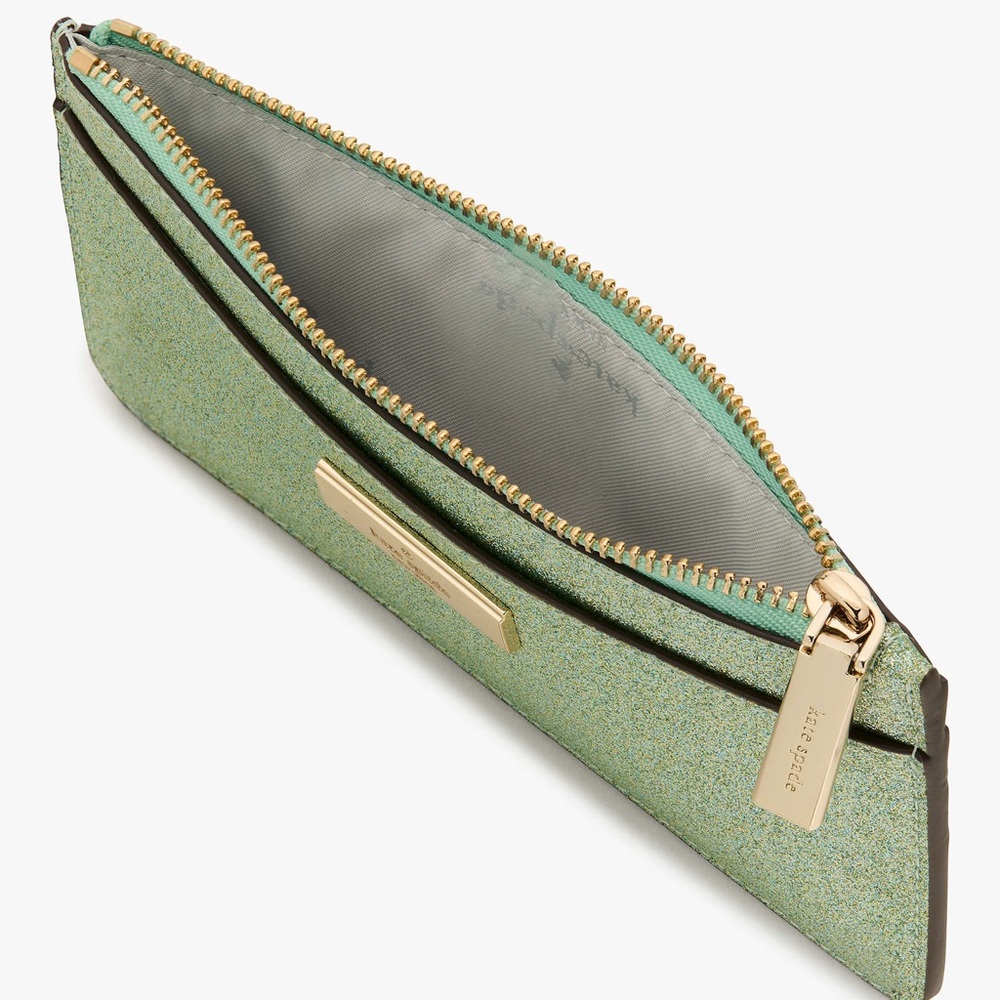 NWT Kate Spade Kenzie Boxed Glitter Large Slim Cardholder in Seawater Green - Picture 4 of 12